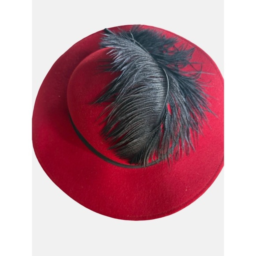 Vintage‎ Doeskin Red Wool Felt Fedora Hat Black Feather Wide Brim